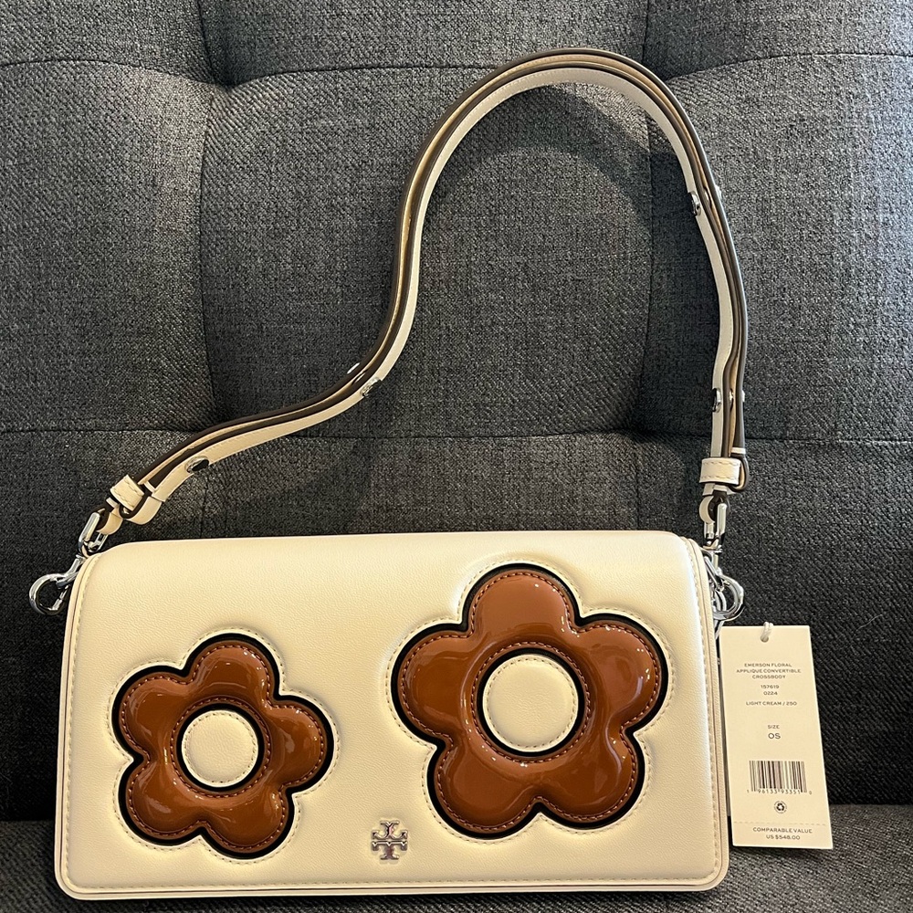 Tory Burch Emerson Floral Applique Convertible Crossbody, Light Cream, 157619